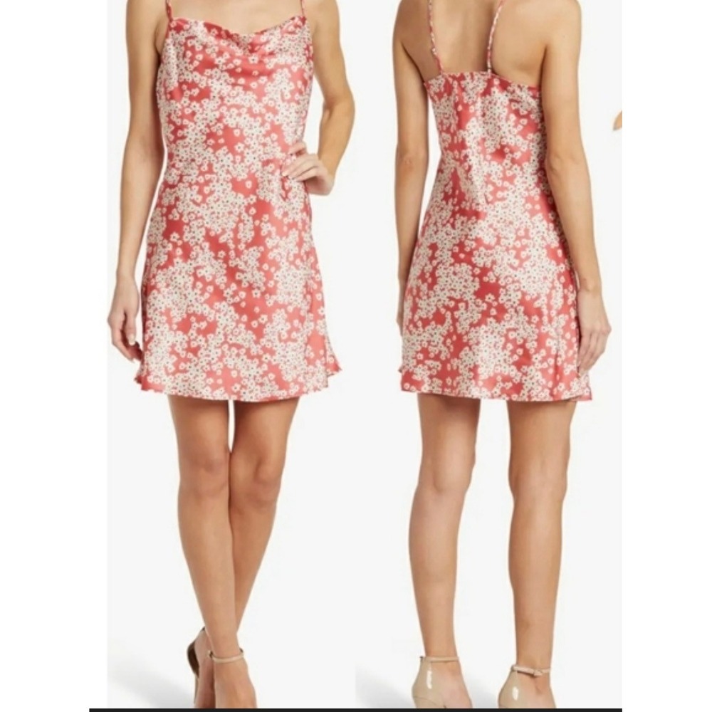 Socialite Slip Dress Womens Small Red Floral Cowl Neck Satin Mini‎